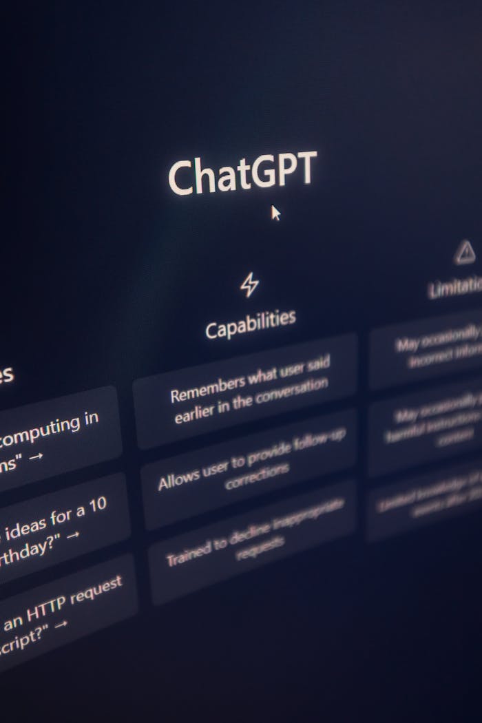 services-01 Vertical shot of ChatGPT interface on screen highlighting AI capabilities.