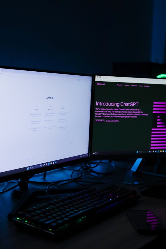 why-choose-us Vertical shot of a dual monitor setup with ChatGPT on screens, ideal for technology and AI concepts.